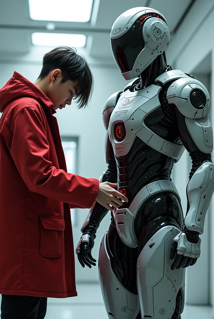 image of a guy alone wearing a red coat making a technological armor a young guy the guy has to have his hair in the ruler 