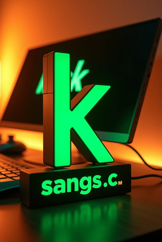 I want the letter k to be green with a black border. I also want it to have a gamer setup and for the screen to have the image with the word kick in green and the background to be completely black and for the screen to be even on its side and I want it to be warm behind the letter above it to take up eighty percent of the image and I want the background to be green with gold and black. I want you to name it sangs._c below the ky that the name is filled in green and bordered with black and has a golden shadow and you put 8.PM