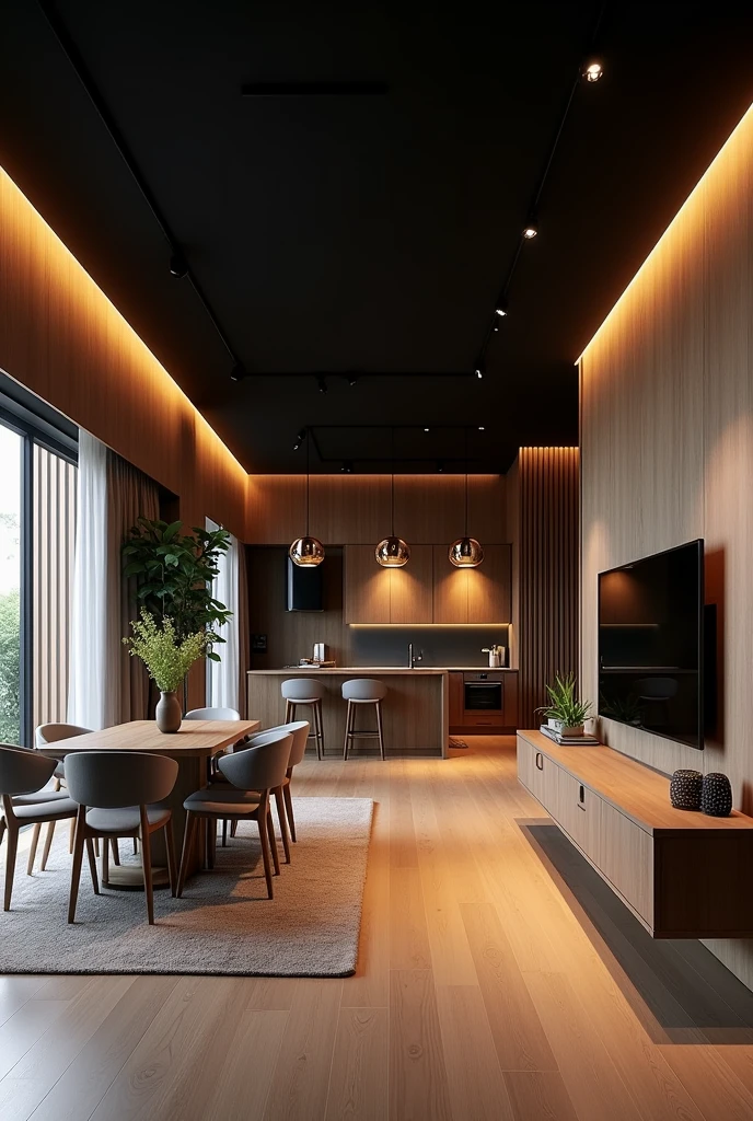 An interior image of a room, dining room and kitchen in a single space in an area of 12 meters long by 2,8 meters wide with a black ceiling and wooden columns decorated with LED lights each column. The distribution of space is as follows: 
Dining room first, kitchen in the middle and at the end the living room with a TV on a 70 cm wall" and a sofa in front of the TV with 3 seats. 