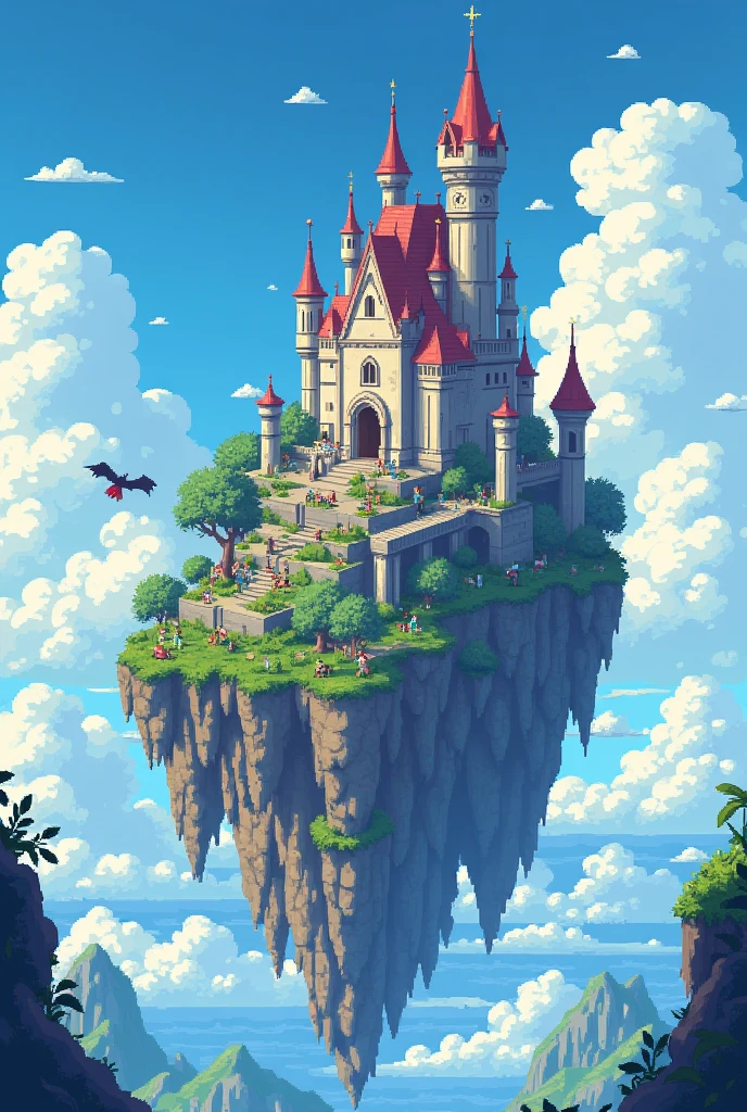 Map 2d pixel of a sky kingdom with castles and ruins