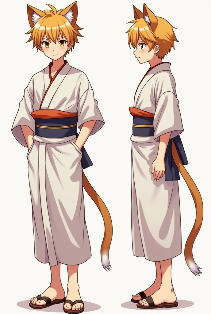 High quality illustrations, male，Cat-eared teenager, three views, Front and sides and back, Character Sheet, Character Design, Various expressions（Happy expression、Sad expression、Angry expression） 、masterpiece、(Highest quality)、((kimono))、((Makes your face smaller))、The body is slim、((Yellow Eyes))、((10 poses and facial expressions))、Anime characters