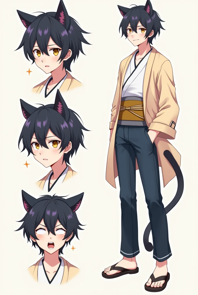 High quality illustrations, male,Cat-eared teenager, three views, Front and sides and back, Character Sheet, Character Design, Various expressions(Happy expression、Sad expression、Angry expression) 、masterpiece、(Highest quality)、((kimono))、((Makes your face smaller))、The body is slim、((Yellow Eyes))、((10 poses and facial expressions))、Anime characters