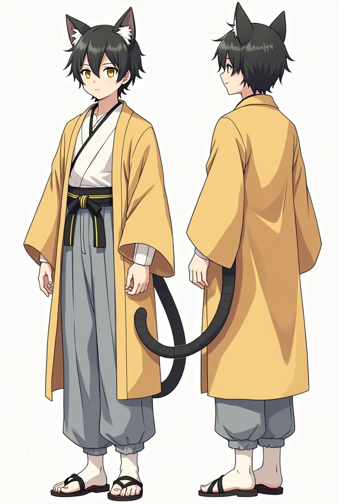 High quality illustrations, male，Cat-eared teenager, three views, Front and sides and back, Character Sheet, Character Design, Various expressions（Happy expression、Sad expression、Angry expression） 、masterpiece、(Highest quality)、((kimono))、((Makes your face smaller))、The body is slim、((Yellow Eyes))、((10 poses and facial expressions))、Anime characters