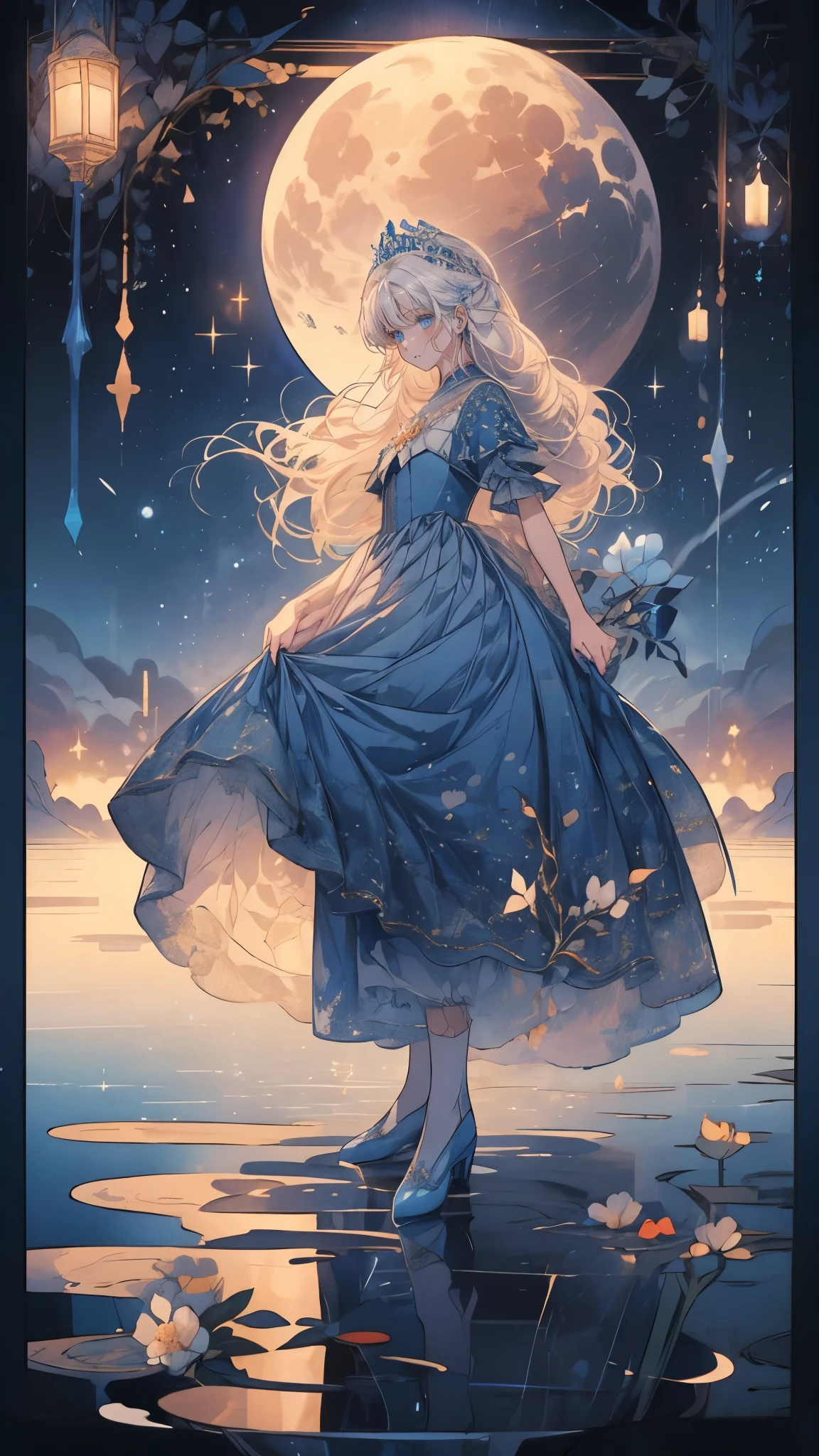 (Mastepiece), (Best Quality), Very detailed, 1 girl, (Full body solo shot:1.5), Perfect Face, beautiful girl, Very detailedな顔,(Blue Princess Dress:1.4)、(White hair long hair:1.5),(blue eyes:1.4),(tiara:1.2)、(White flower:1.4)、(Blue Butterfly々:1.3)、(Sparkling:1.3)、moonlight、流れstar、(night、star空、White Moon:1.4)、star々、moonlight