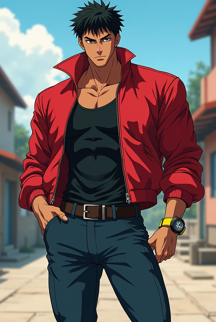 In anime、Dark skinned、He&#39;s slim and muscular, wearing a tank top and a red jacket, and even has blonde shoes.