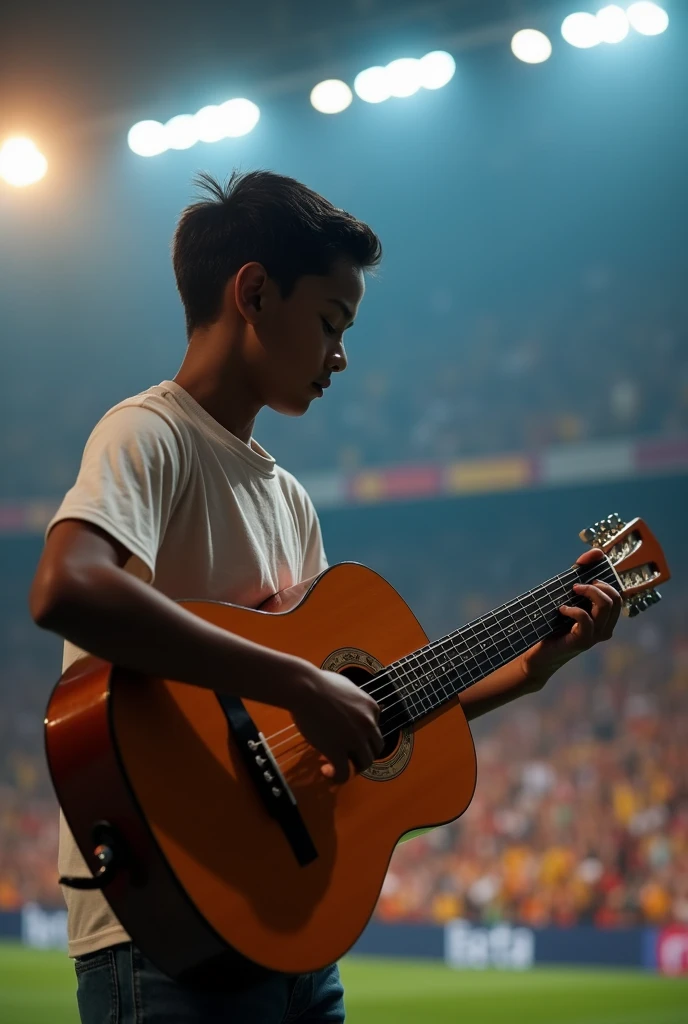 15 year sri lankan boy playing guitar without showing his face in a stadium