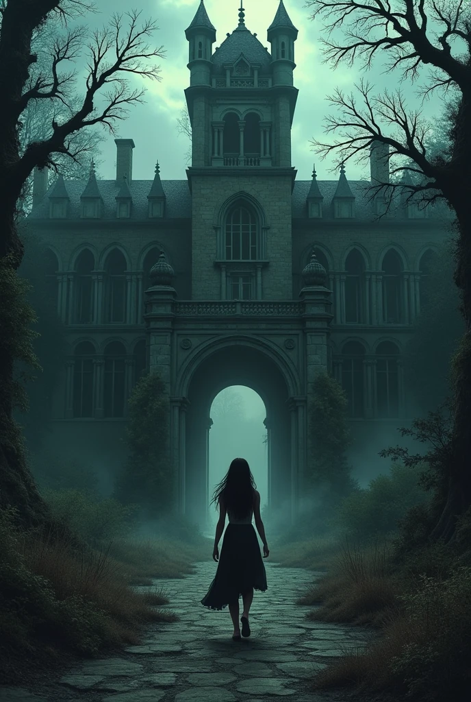 Make a woman, dark hair, entrar em um sanatorium, gothic architecture, horror and dark, sanatorium 