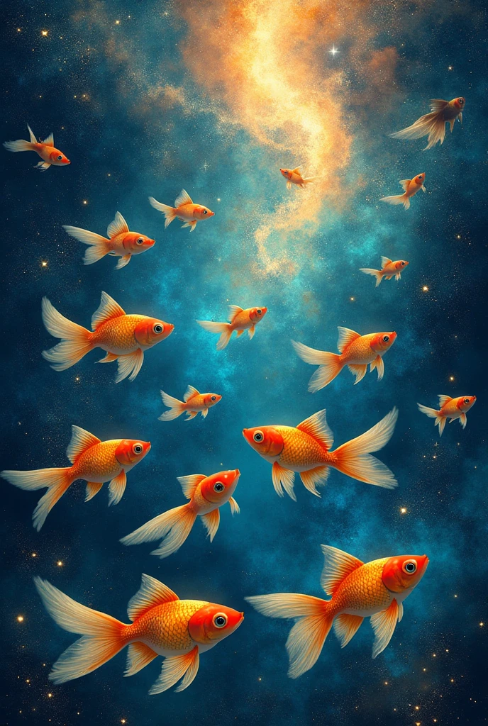 An illustration of goldfish swimming in a fantastic colorful starry sky