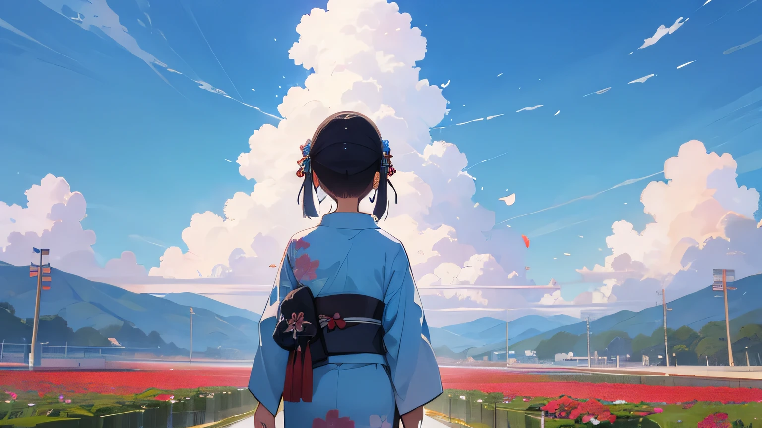 flowers,blue sky,smile,kimono,japanese girl,back view