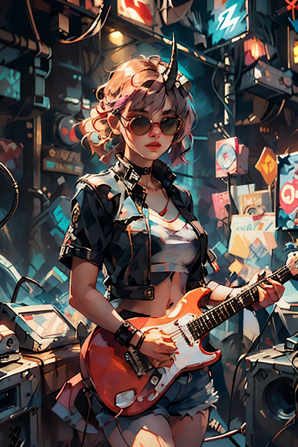 Shui 001,
(Realistic:1.4), Official Art, unity 8k wallpaper, Ultra-detailed,Dense skin,(Movie angle)(Film Grain:1.2)Cinema Lighting,Beautiful and aesthetic,Dynamic Lighting, masterpiece, Best Quality, Glowing Skin,cyber punk, Mechanical weapons, (Articulaciones cyber punk),(Neon Light),(cyber implants:1.2), (increase), (Sieborg:1.2)(Cowboy Shot),At night, One girl, short hair, Slim body, Medium breast, Tight waist, T-Shirts, Shorts, Panty House Do Red, Lead singer of a rock band,Heavy Metal,Wear sunglasses,(Playing electric guitar:1.5), Cigarette in mouth,Lock,payment,collar, Living House, Intense atmosphere,sexy, attractive, (Speaker Box:1.3),wire, Cable tail, Devil horns, Dynamic Pose, Excited,