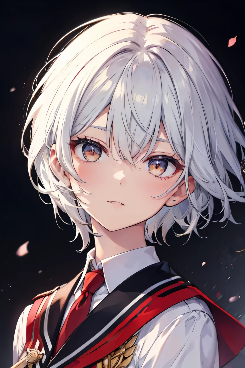 short silver hair, golden eyes, looking right at you, prestigious red high school uniform