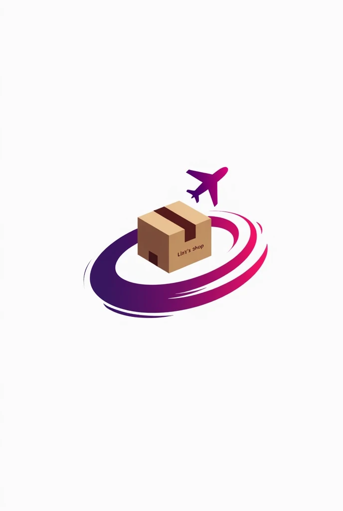 A logo for a company, with a brown package in the middle and an airplane as if it were a ring that goes around the package several times, and a little below the tweet that says LILY'S SHOP, and the trail of the plane in purple and pink mixed and intense colors with a white background