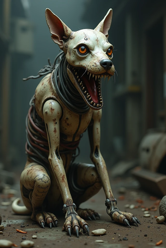 Destroyed animatronic dog with anthropomorphic body