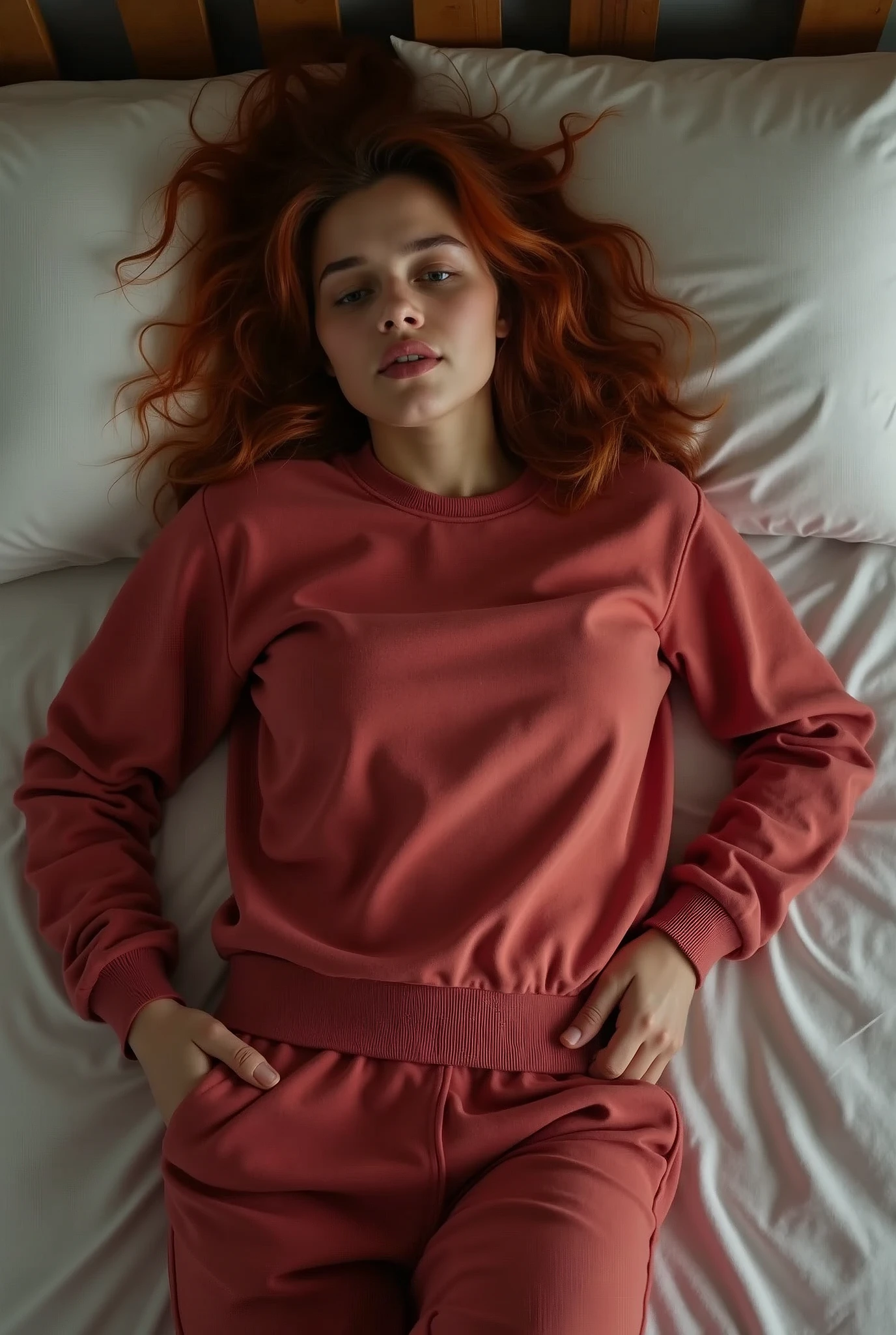 a one woman, long sleeve shirt, Sweatpants, redheadwear, lying on her bed, with a tired expression, Overview, super detaill, 8k
