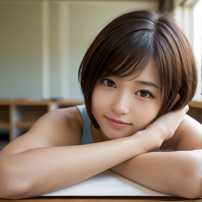 Highest quality, Face Focus, Soft Light, Ultra-high resolution, (Realistic:1.4), RAW Photos, 1 Japanese girl, alone, cute, (A shy smile:0.5), (Brown eyes, light in your eyes), Beautiful face in every detail, (Small Box),(High resolution detail of human skin texture), (Short Bob Hair), break, In the classroom,land