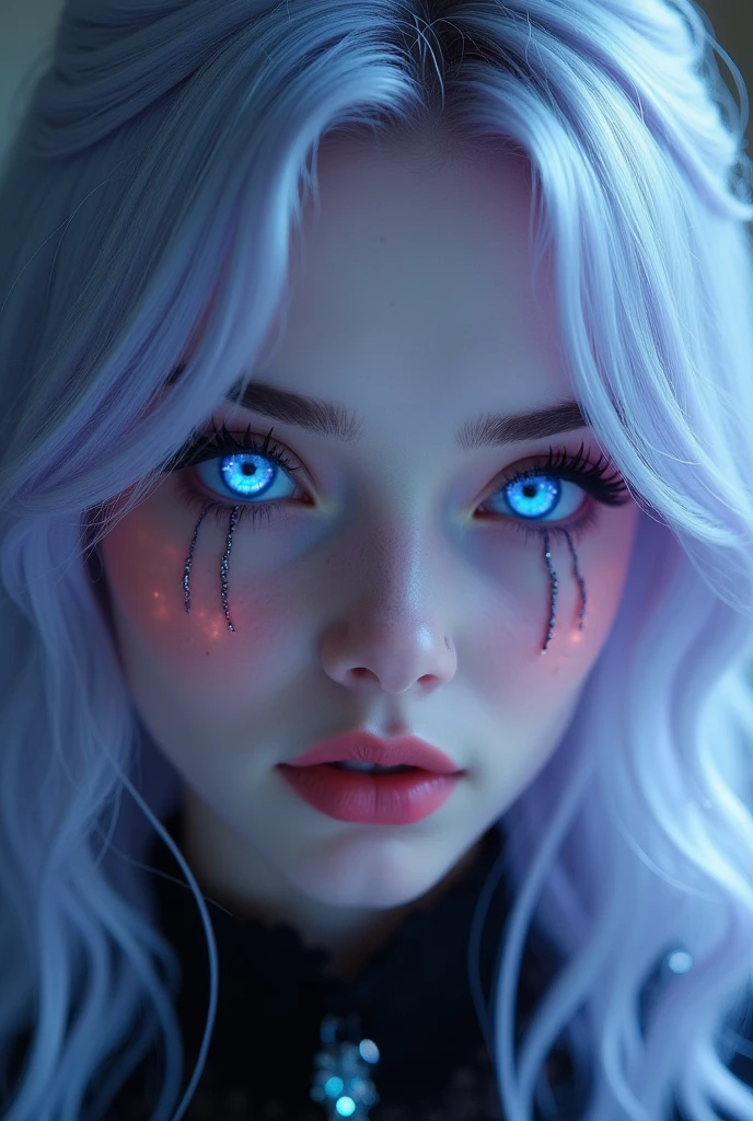 Exquisite girl，light blue eyes，vidid violet hair，gothic makeup, glowing jewelry，gorgeous，high resolution，极high resolution，wallpaper，Adding details，Clarity Enhancement，Detail Enhancement,Silver Hair,Divine Light