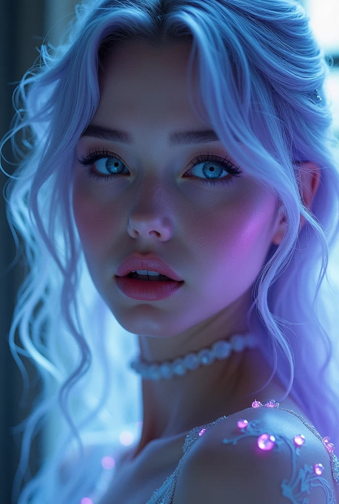 Exquisite girl,light blue eyes,vidid violet hair,gothic makeup, glowing jewelry,gorgeous,high resolution,极high resolution,wallpaper,Adding details,Clarity Enhancement,Detail Enhancement,Silver Hair,Divine Light