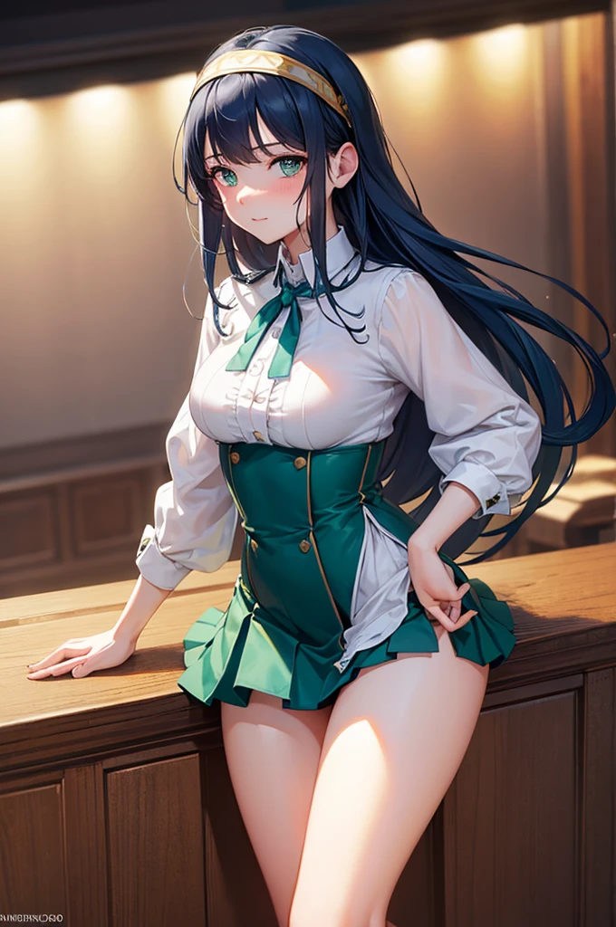 Highly detailed, high quality, masterpiece, beautiful, (all photographic shot), girl student girl, perfect eyes, green eyes, light eyes, blushing face, happy face, big thighs, with headband, medium chest, long hair, blue hair, sexy, short skirt, shows panties, half-naked, background image in a theater in sailor uniform