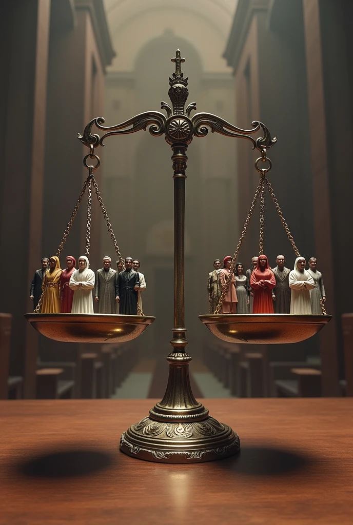 Scales of justice filled with people of different nationalities