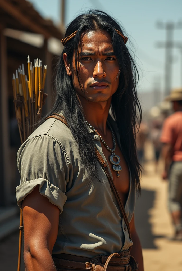 Best Quality, masterpiece, ultra high resolution, (reality: 1.4), Photo original, 1 Indian with grey collarless shirt and chin decoration,moreno,old west background, Brown eyes,long black gray hair, small girdle;leather belt on his head,realist .old black shoes, perspective from below, medium hair , bow of arrows on his back, young, handsome, thick nose, thick lips, sexy, black loose jeans, skirts outside, 20 years, atletico,black shoes, by the wide tied.