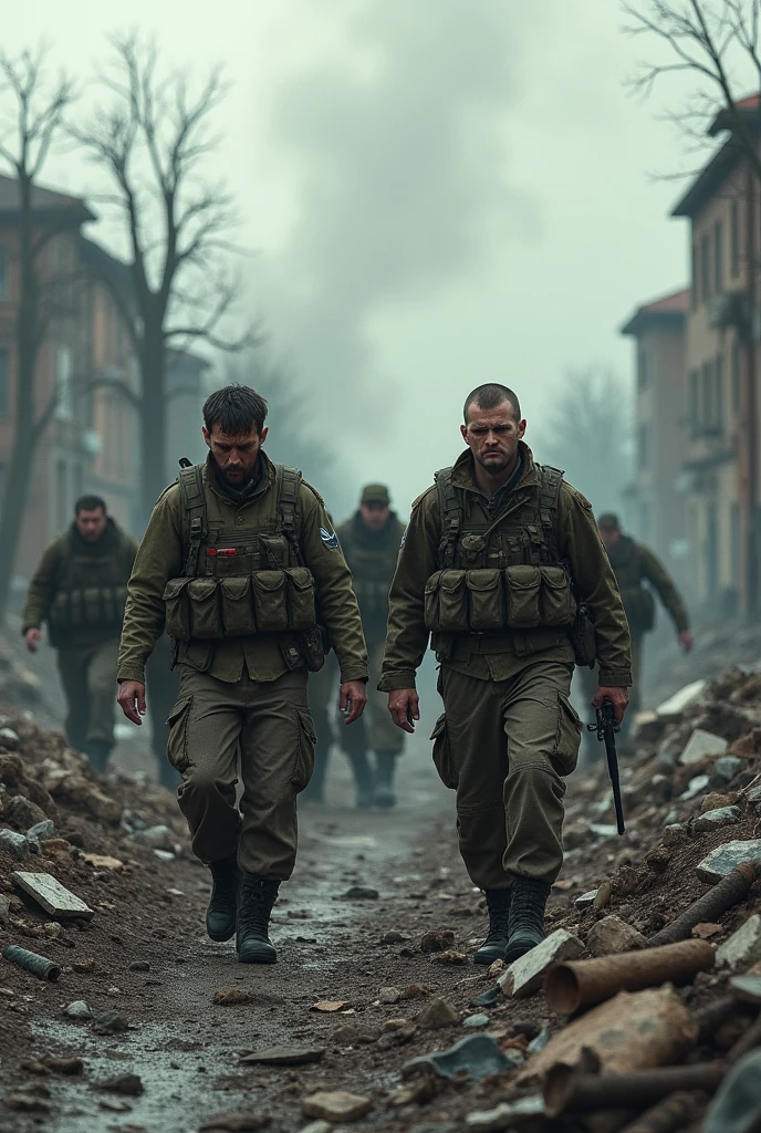 create a realistic image of devastated Ukrainian area, with soldiers retreating