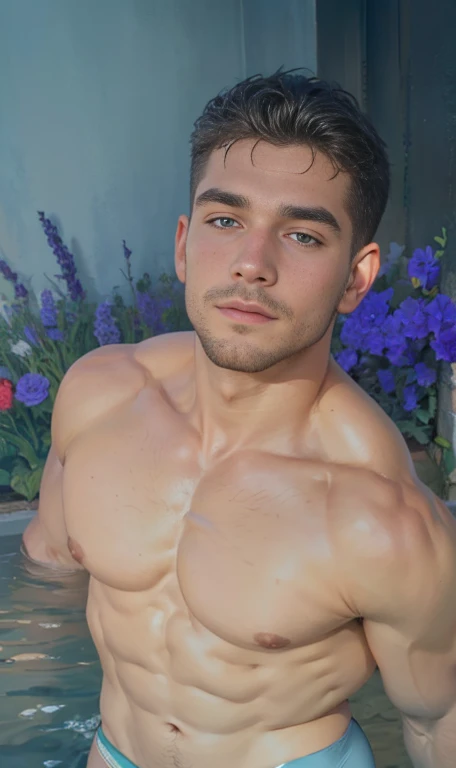 ((best qualityer, 8k, ultra detali, work of art: 1.3)), ung boy, shining skin, Spitz, Perfect Body Beauty, Realistic shadow perfect body, Cute baby face,mascle, a handsome man, White hair, 18 years old, The scar on your face, facial hair ("Low waist panties, big bulge ":1.2),(dynamic pose:1.1), thicc thighs, field of flowers