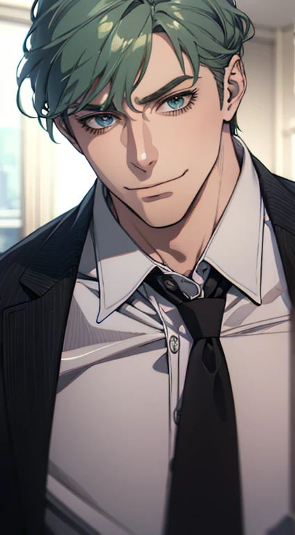(best quality,4k,8k,highres,masterpiece:1.2),ultra-detailed,(realistic,photorealistic,photo-realistic:1.37),1 man,31 years old,mature man,very handsome,without expression,smile,short grey green hair,blue eyes,penetrating gaze,perfect face without errors,imposing posture,businessman,office background,cinematic lighting,hdr image