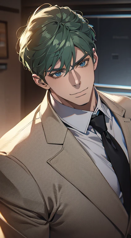 (best quality,4k,8k,highres,masterpiece:1.2),ultra-detailed,(realistic,photorealistic,photo-realistic:1.37),1 man,31 years old,mature man,very handsome,without expression,smile,short grey green hair,blue eyes,penetrating gaze,perfect face without errors,imposing posture,businessman,office background,cinematic lighting,hdr image