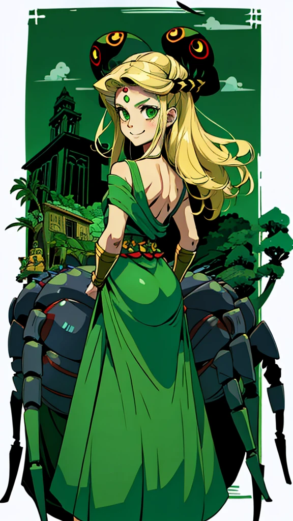 1girl, young, little, 6 years old, chibi, komusume, flat chest, blonde long hair, green clothes, green eyes, innocent expresion, smiling, arachnid style, spider body, background filled fumes, Tartarus scenery, in Tartarus, surrounded by giant greek columns, greek scenery and furniture, main character, hades style, Arachne, spider legs coming from her back