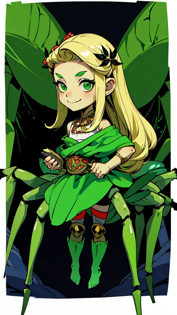 1girl, young, little, 6 years old, chibi, komusume, flat chest, blonde long hair, green clothes, green eyes, innocent expresion, smiling, arachnid style, spider body, background filled fumes, Tartarus scenery, in Tartarus, surrounded by giant greek columns, greek scenery and furniture, main character, hades style, Arachne, spider legs coming from her back