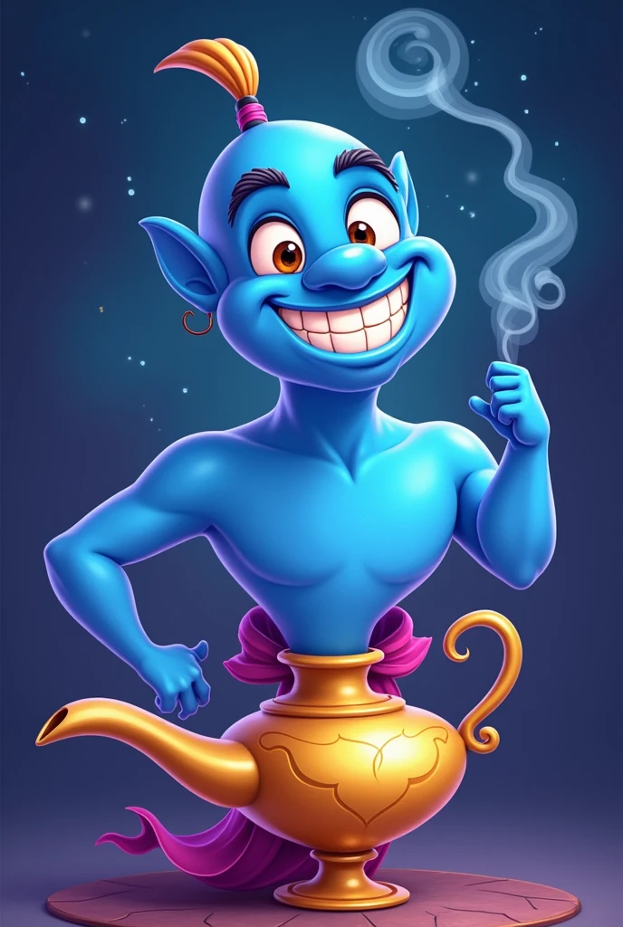 Create a colorful cartoon image of a friendly genie emerging from spout of magical lamp. The genie should have smiling expression with white teeths, with a classic blue skin tone, flowing outfit, and swirling smoke. 