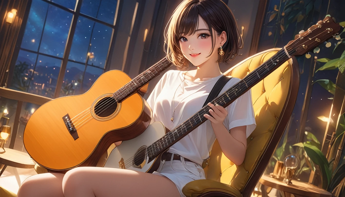 (Highest quality,4K,8k,High resolution,masterpiece:1.2),Very detailed,Realistic,Transparent guitar sculpture,night,Sunlight reflecting off a guitar,Body Details,Delicate strings,Vibrant color palette,Sculpting Tools,Hourglass Shape,Sound hole,Elegant Curves,Polished surface,Delicate carving,Light and shadow effects,Subtle reflection,Sparkling Surface,A girl sitting on a chair,18 years old child、Harmony between nature and art,Perfect craftsmanship,Transcendental beauty,Awe-inspiring works of art、short hair、Earrings、White shirt、Great smile