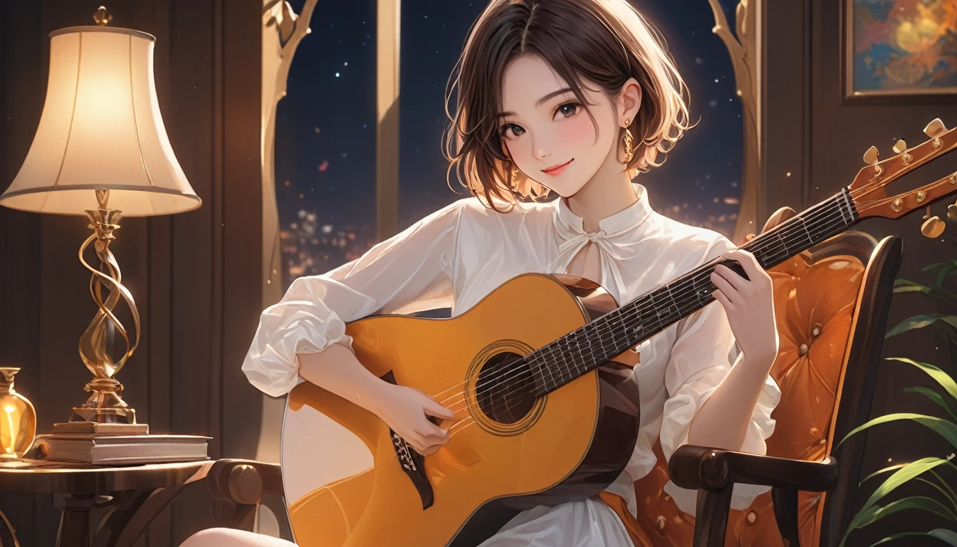 (Highest quality,4K,8k,High resolution,masterpiece:1.2),Very detailed,Realistic,Transparent guitar sculpture,night,Sunlight reflecting off a guitar,Body Details,Delicate strings,Vibrant color palette,Sculpting Tools,Hourglass Shape,Sound hole,Elegant Curves,Polished surface,Delicate carving,Light and shadow effects,Subtle reflection,Sparkling Surface,A girl sitting on a chair,18 years old child、Harmony between nature and art,Perfect craftsmanship,Transcendental beauty,Awe-inspiring works of art、short hair、Earrings、White shirt、Great smile
