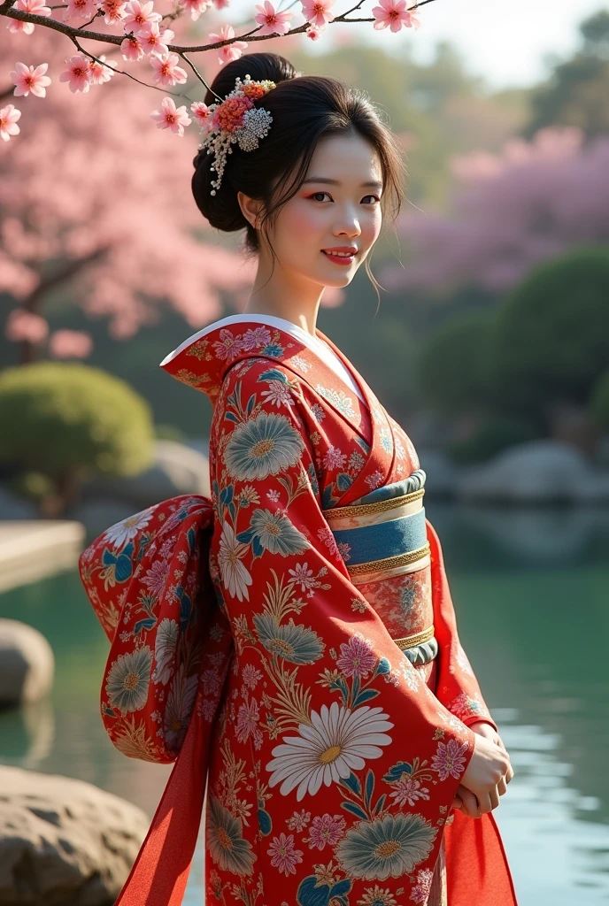 A Japanese mother wearing a kimono
