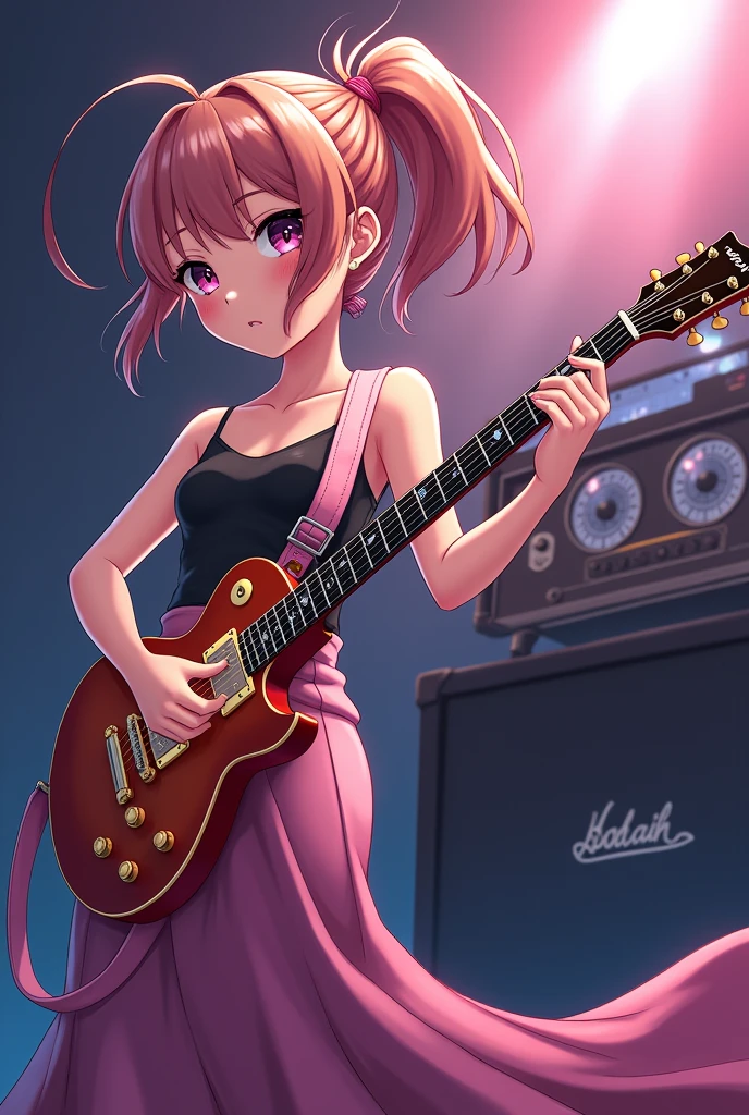 anime cute ponytail cool girl electric guitar strumming long skirt mermaid skirt sleeveless Les Paul guitar full body life-size Bocchiza Rock Bocchi-chan rock guitar shield amp live slender moe