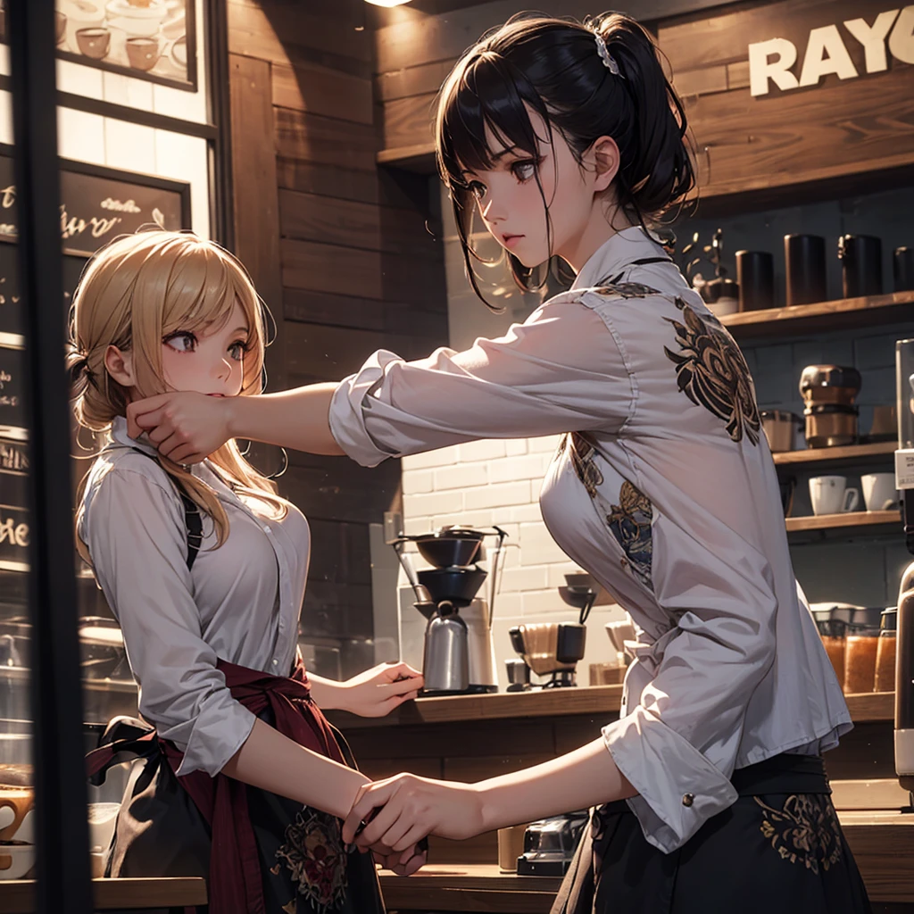 CG, Unity, 8k, wallpaper, Highest quality, masterpiece, Lovely lady, 18-year-old, (Realistic:1.2), Best lighting, Complex pupil, Intricate weaving, Detailed Background,(Barista、Fighting Style:1.5),Transparent sleeves、For battle、(Delicate clothing with intricate patterns and decorations),A composition that shows the whole body