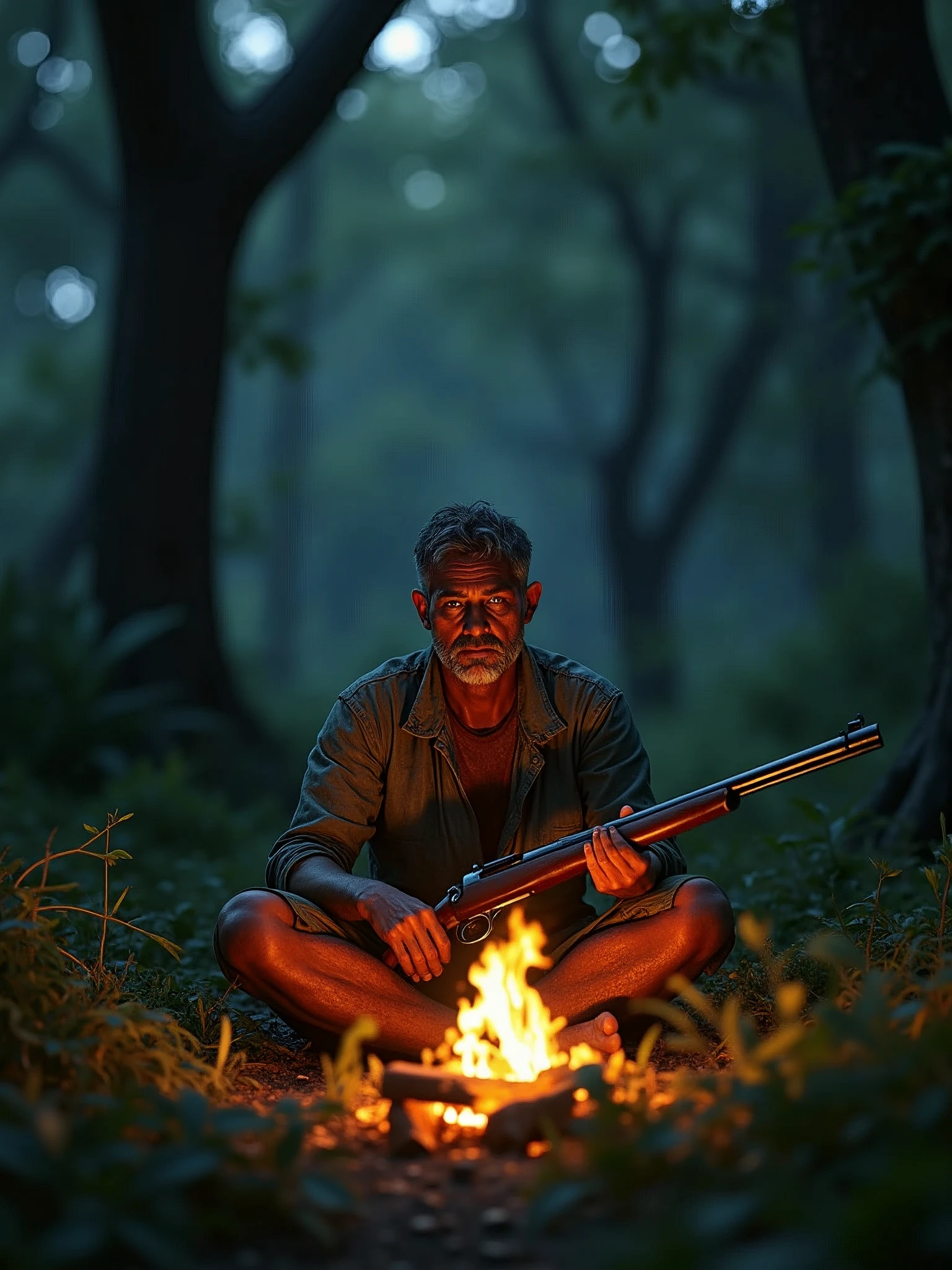 A Cambodian hunter sits with a gun in front of a fire at night in the forest