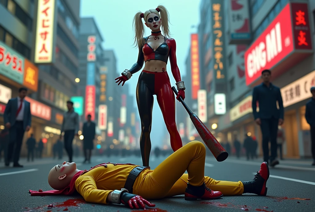 (Extreme complexity, two unique subjects) Margot Robbie as Harley Quinn (insane pretty face, tiny themed outfit Harley Quinn makeup on body, blood spatter) is wielding a bloody ball bat. Harley is standing over a confused Saitama who is lying on the ground on his back (iconic yellow suit, blood spatter, red cape, bald head). Downtown Tokyo