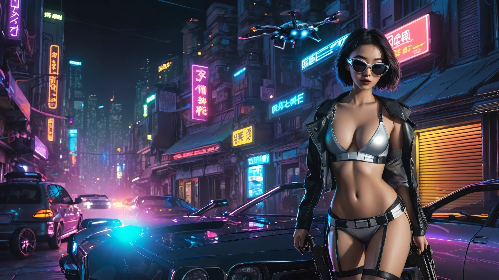 simple comic style cyberpunk city, line art background, flying cars, at night. (1girl, solo), photo realistic, medium-breast:1.3 slim body, cleavage, sling top, miniskirt, black sunglasses, holding a short gun, half-body thigh level medium shot, cinematic lighting, ray tracing.