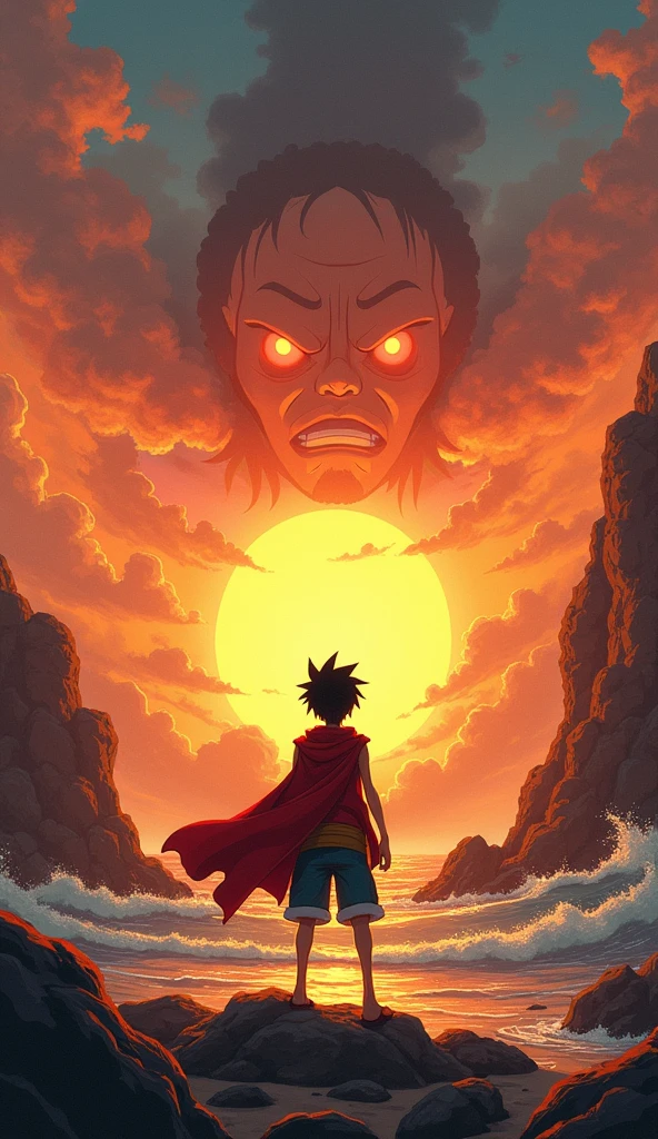 /Imagine Prompt: Spectacular scenes from One Piece anime, Luffy faces off against a powerful foe on a rocky battlefield. The setting sun casts a golden light on Luffy., Accentuate your determined features and your confident smile. The enemy is the hall々It is said that, With a dark aura that contrasts with Luffy&#39;s vibrant energy.. The sea breeze carries the scent of the sea, And the waves break gently on the rocks in the background. the atmosphere is moving, Mixing the tension of the impending battle with Luffy&#39;s unwavering courage, oil, screen, --16 pieces:9-5th