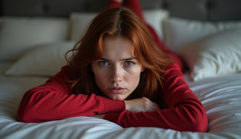 a one woman, long sleeve shirt, Sweatpants, redheadwear, lying on her bed, with a tired expression, Overview, super detaill, 8k
