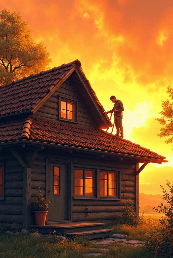 Please draw a man inspecting the roof of a wooden house under the blazing heat of midsummer.