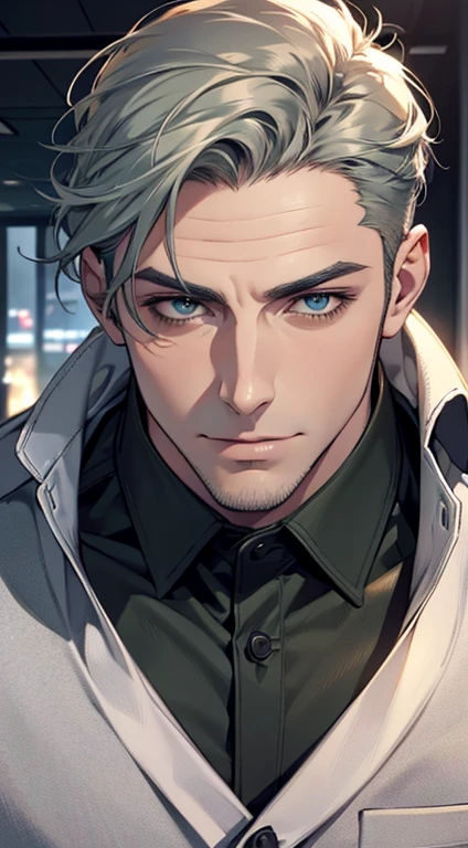 (best quality,4k,8k,highres,masterpiece:1.2),ultra-detailed,(realistic,photorealistic,photo-realistic:1.37),1 man,31 years old,mature man,very handsome,without expression,smile,short grey green hair,blue eyes,penetrating gaze,perfect face without errors,imposing posture,businessman,office background,cinematic lighting,hdr image