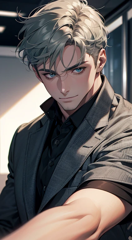 (best quality,4k,8k,highres,masterpiece:1.2),ultra-detailed,(realistic,photorealistic,photo-realistic:1.37),1 man,31 years old,mature man,very handsome,without expression,smile,short grey green hair,blue eyes,penetrating gaze,perfect face without errors,imposing posture,businessman,office background,cinematic lighting,hdr image