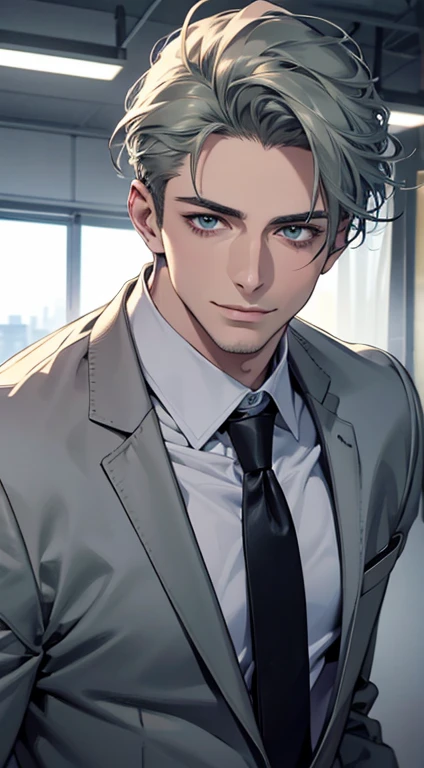(best quality,4k,8k,highres,masterpiece:1.2),ultra-detailed,(realistic,photorealistic,photo-realistic:1.37),1 man,31 years old,mature man,very handsome,without expression,smile,short grey green hair,blue eyes,penetrating gaze,perfect face without errors,imposing posture,businessman,office background,cinematic lighting,hdr image