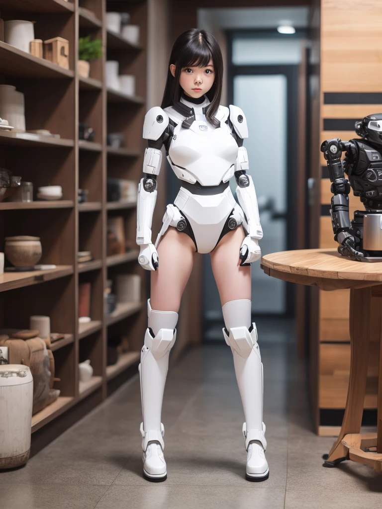 masterpiece, Highest quality, Very detailed, (8k, 4K, Highest quality, High resolution, 超High resolution:1.1), (Tabletop, Realistic, Photorealistic:1.1)Japanese anドロイド woman,Chubby ,Control panel,Activation,Android,Mechanical Hand,Robotic arms and legs, Black Robot Parts,Black Hair,Dark black knee-high socks,Black sponge joint,Blunt bangs,White robot body,Ceramic body,Jockey Boots,Perfect Cyborg Girl,Standing with legs apart,