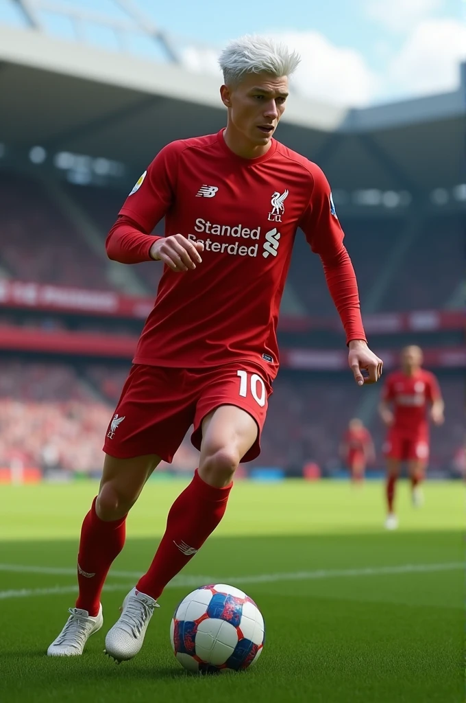 Make me a picture of a player called Santiago Fuentes, that he wears the Liverpool uniform that he has white hair, that is white of skin, that he is a left winger and wears number 10, and carry the ball on his foot in the middle of the field