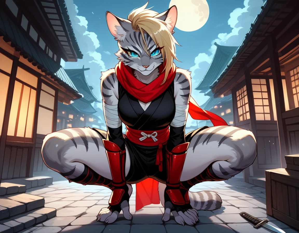 score_9,score_8_up,score_7_up, score_6_up, score_5_up, source_anime, kemono style, Kat, female Anthro furry feline, silver fur, grey stripes on body, blue eyes, long blonde hair, undercut hair, one side of hair shaved, wearing red ninja scarf, scarf_over_mouth, red scarf over mouth, black shinkbis tunic, black cloth shorts, feet paws four toes, feet and legs wrapped in bandages, shinobi ninja gauntlets, squatting, holding a kunai knife, nighttime, on top of a building, squatting on the edge of a building, full moon