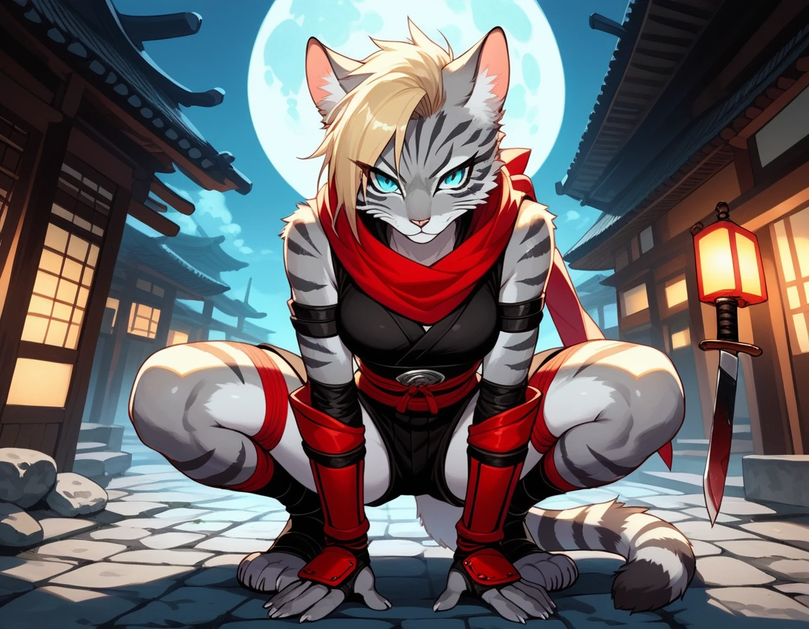 score_9,score_8_up,score_7_up, score_6_up, score_5_up, source_anime, kemono style, Kat, female Anthro furry feline, silver fur, grey stripes on body, blue eyes, long blonde hair, undercut hair, one side of hair shaved, wearing red ninja scarf, scarf_over_mouth, red scarf over mouth, black shinkbis tunic, black cloth shorts, feet paws four toes, feet and legs wrapped in bandages, shinobi ninja gauntlets, squatting, holding a kunai knife, nighttime, on top of a building, squatting on the edge of a building, full moon