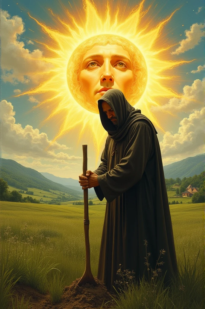 Benedictine monk working in a field with the face of Jesus in place of the sun